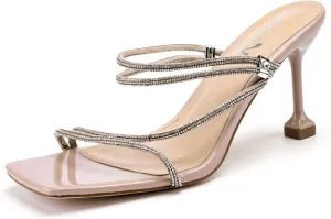 vivianly Women's Rhinestone Strappy Heel Square Open Toe Slide Sandals Party Wedding Shoes