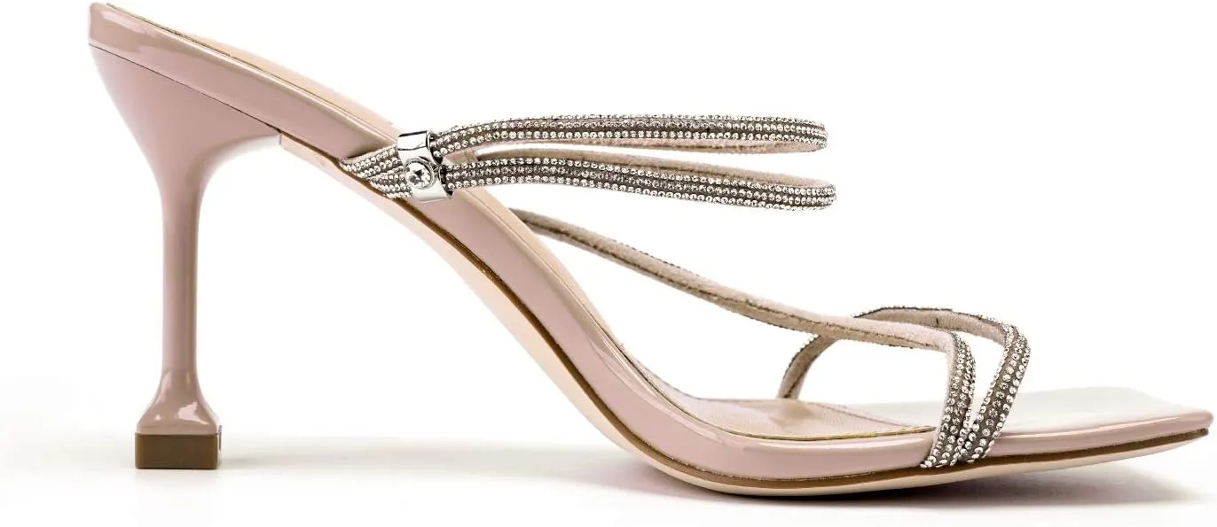 vivianly Women's Rhinestone Strappy Heel Square Open Toe Slide Sandals Party Wedding Shoes