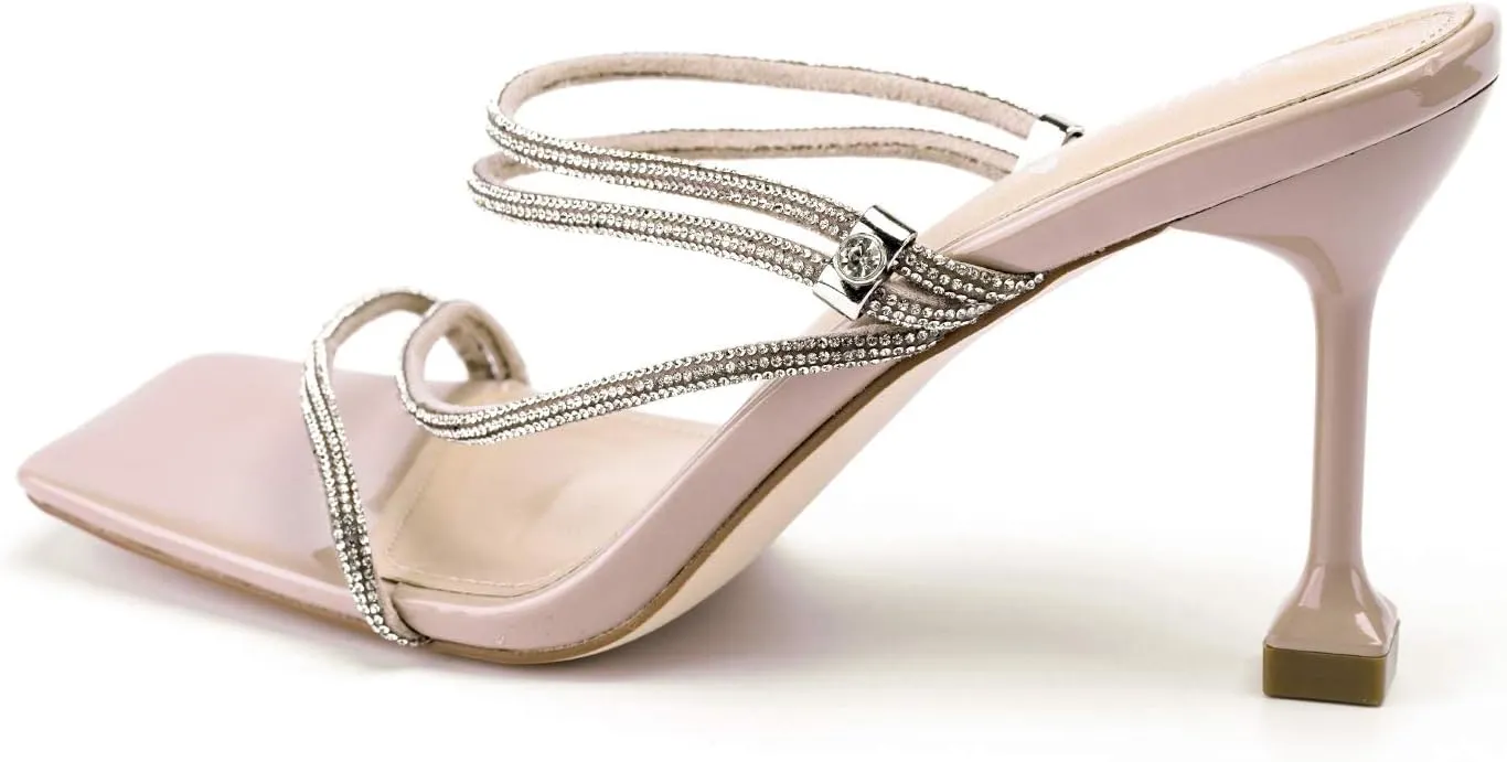 vivianly Women's Rhinestone Strappy Heel Square Open Toe Slide Sandals Party Wedding Shoes