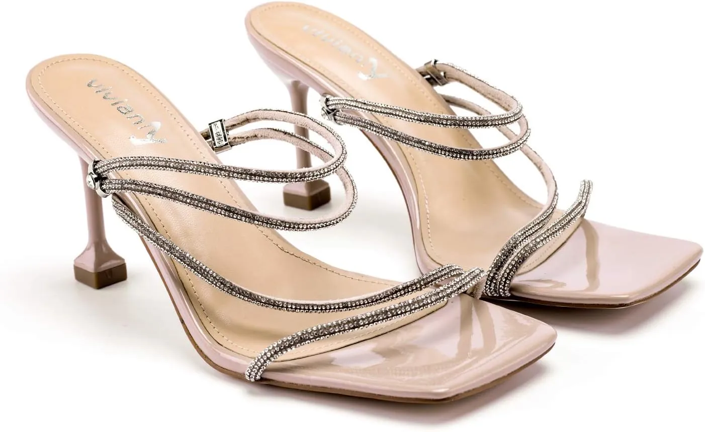 vivianly Women's Rhinestone Strappy Heel Square Open Toe Slide Sandals Party Wedding Shoes