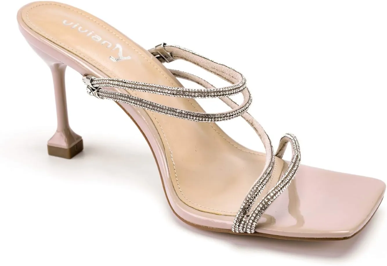 vivianly Women's Rhinestone Strappy Heel Square Open Toe Slide Sandals Party Wedding Shoes