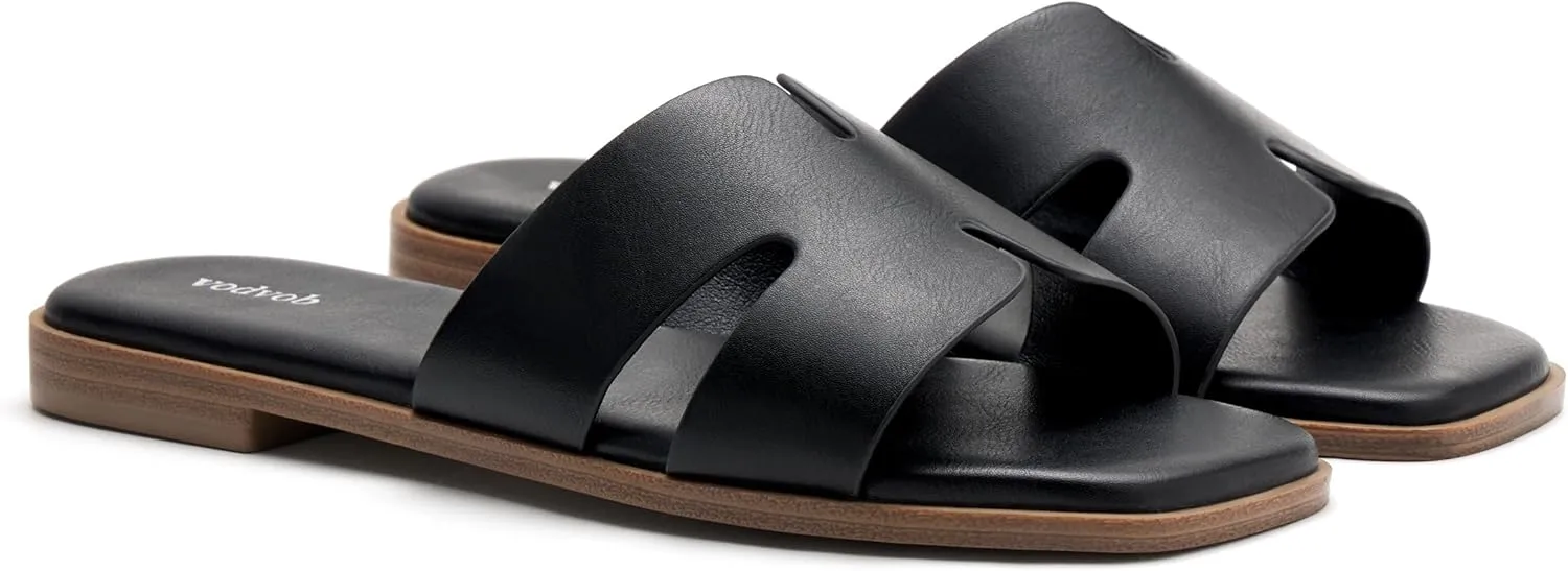 vodvob Women's Wide Width Slide Sandals Memory Foam Comfortable Dressy Flat Sandal Casual Summer Shoes
