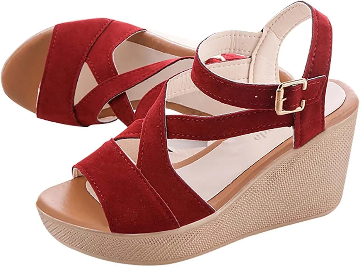 Wedge Sandals for Women Casual Summer Fashion Ankle Strap Open Toe Metal Buckle Platform High Heel Sandals Classic Fish Mouth Suede Roman Shoes