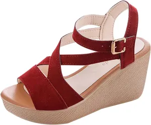 Wedge Sandals for Women Casual Summer Fashion Ankle Strap Open Toe Metal Buckle Platform High Heel Sandals Classic Fish Mouth Suede Roman Shoes