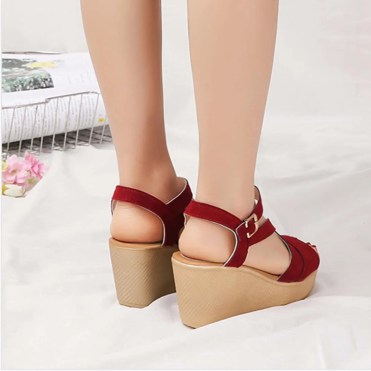 Wedge Sandals for Women Casual Summer Fashion Ankle Strap Open Toe Metal Buckle Platform High Heel Sandals Classic Fish Mouth Suede Roman Shoes