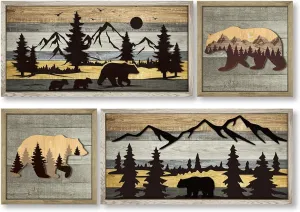 Wesiti 4 Pcs Bear Wall Art Rustic 3D Cabin Wall Decor Christmas Decorative Forest Mountain Woodland Bear Pictures Farmhouse Decor Country House Animal Wildlife Pictures Hunting Art for Home