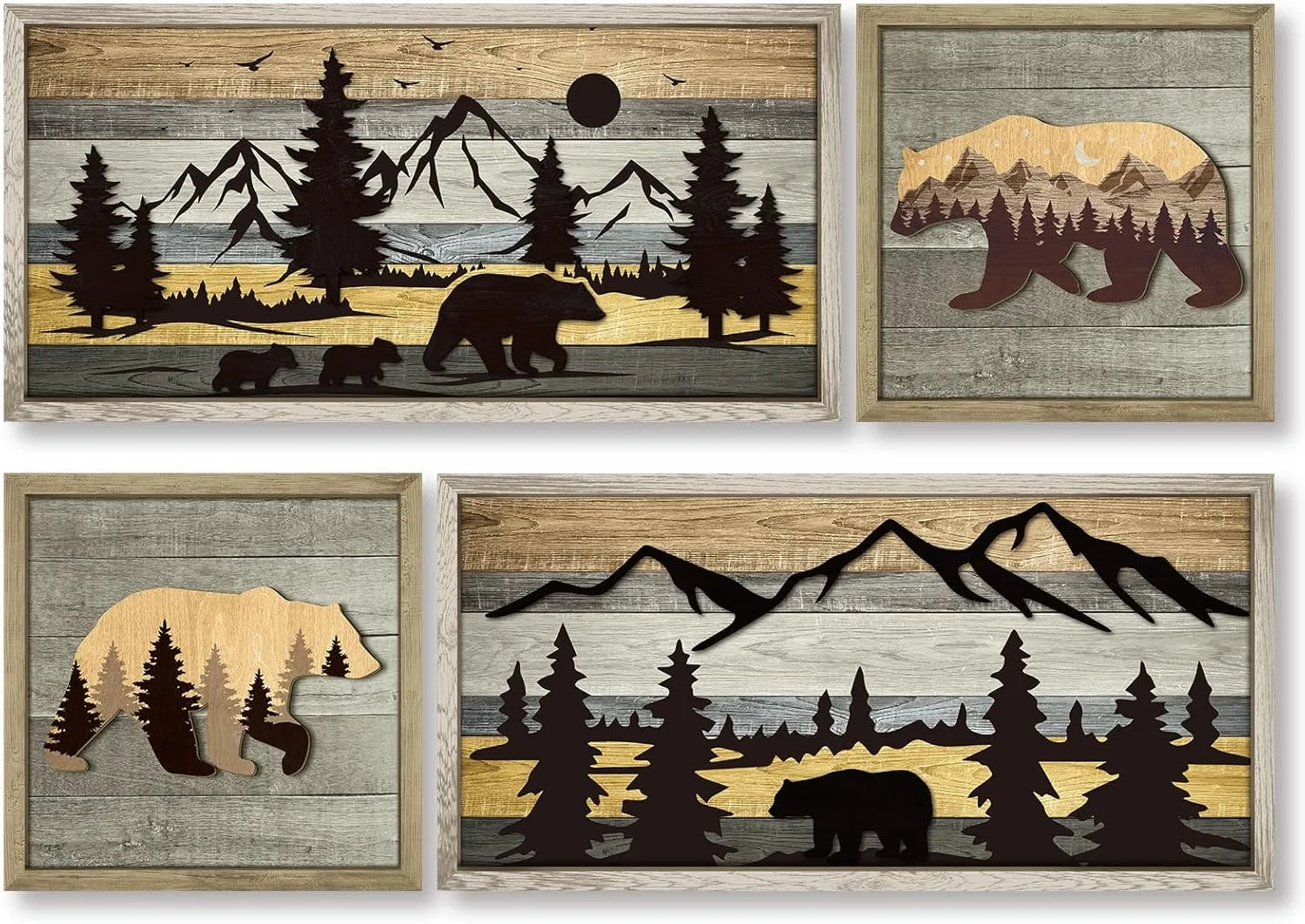 Wesiti 4 Pcs Bear Wall Art Rustic 3D Cabin Wall Decor Christmas Decorative Forest Mountain Woodland Bear Pictures Farmhouse Decor Country House Animal Wildlife Pictures Hunting Art for Home