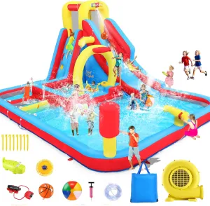 Whubefy Giant Inflatable Water Slide, 13x10Ft,13-in-1 Water Bounce House with Slide/Basketball Hoop/Water Cannon/ 2 Water Gun, Hold 10 Kids, Water Slide Bounce House Summer Water Park w/520W Blower