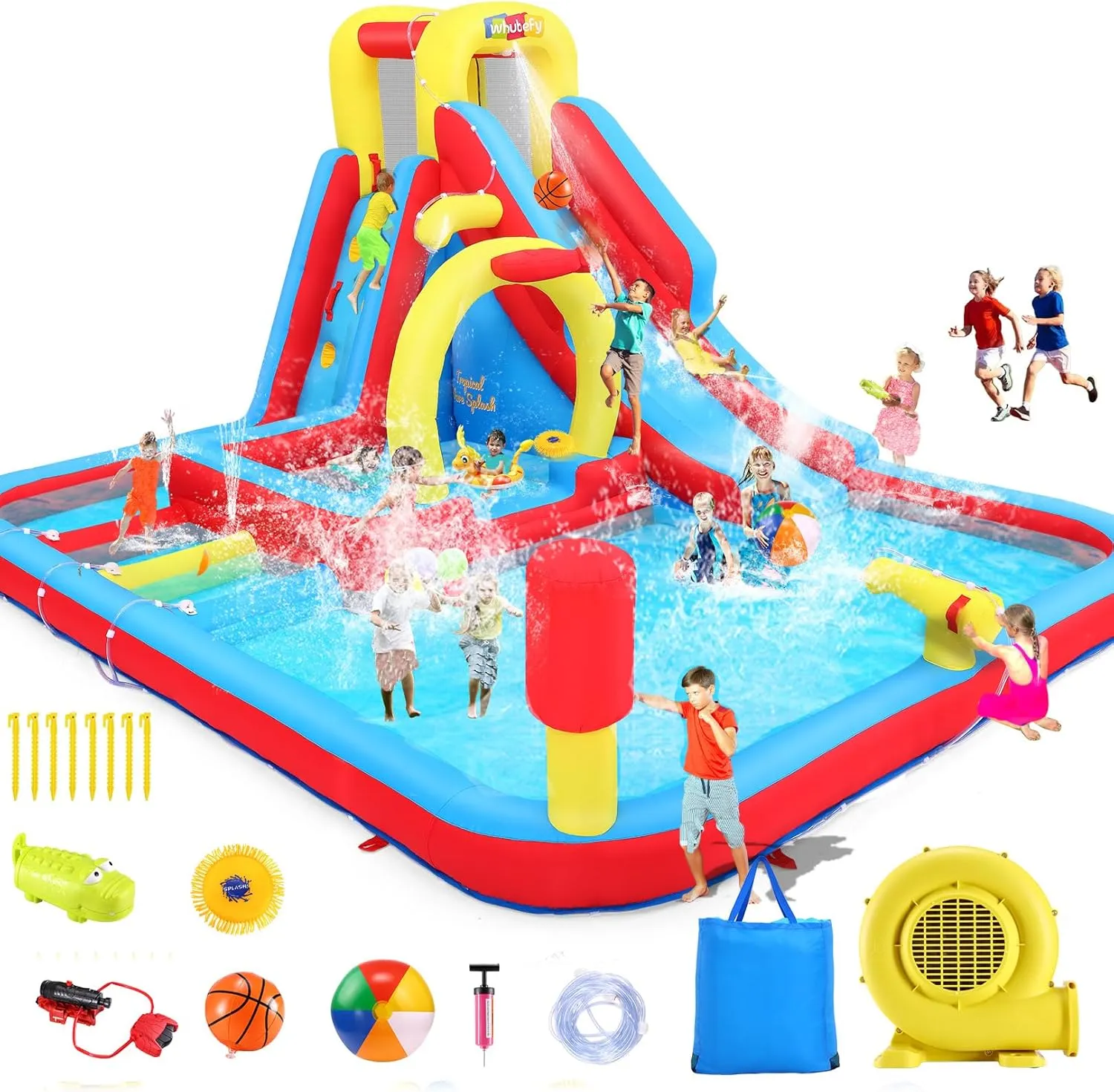Whubefy Giant Inflatable Water Slide, 13x10Ft,13-in-1 Water Bounce House with Slide/Basketball Hoop/Water Cannon/ 2 Water Gun, Hold 10 Kids, Water Slide Bounce House Summer Water Park w/520W Blower