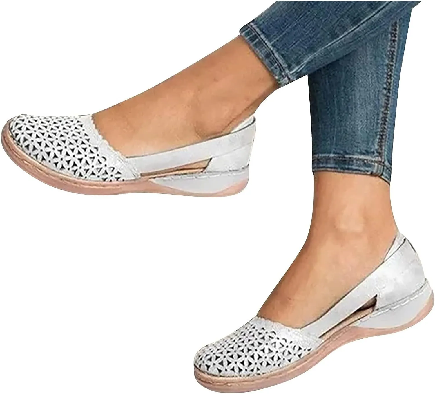 Wide Width Flats for Women Comfortable Closed Toe Casual Hollow Out Sandals Breathable Orthotic Wedge Sandals Arch Support Slip on Flats Lightweight Walking Beach Shoes
