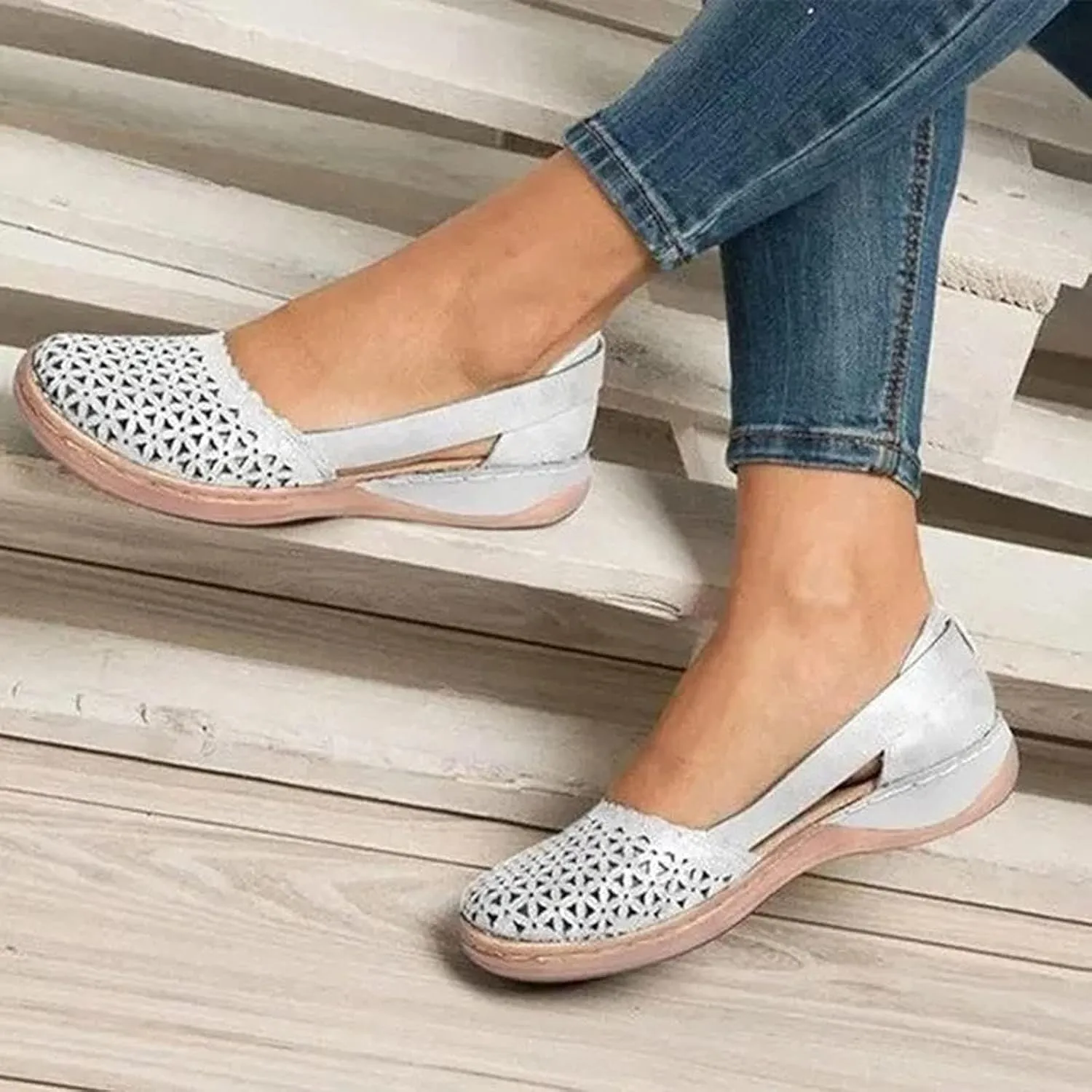 Wide Width Flats for Women Comfortable Closed Toe Casual Hollow Out Sandals Breathable Orthotic Wedge Sandals Arch Support Slip on Flats Lightweight Walking Beach Shoes
