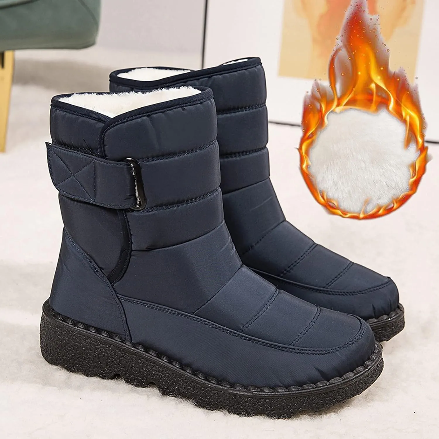 Winter Snow Boots for Women Water-proof Thermal Fleece Lined Anti Slip Mid Calf Boots for Ladies Platform Wedge Booties Warm Fuzzy Ankle Booties Outdoor Work Short Boots with Buckle
