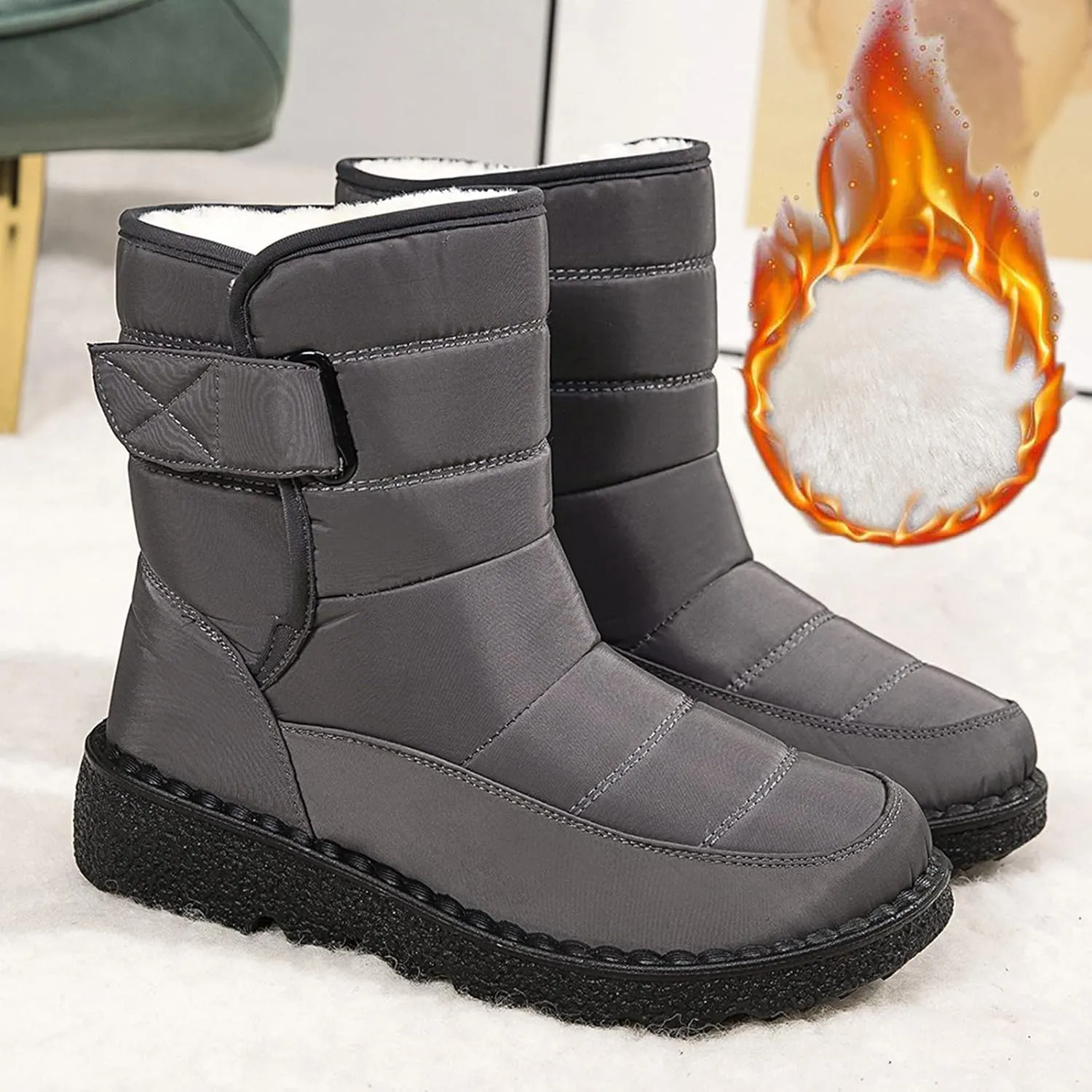 Winter Snow Boots for Women Water-proof Thermal Fleece Lined Anti Slip Mid Calf Boots for Ladies Platform Wedge Booties Warm Fuzzy Ankle Booties Outdoor Work Short Boots with Buckle