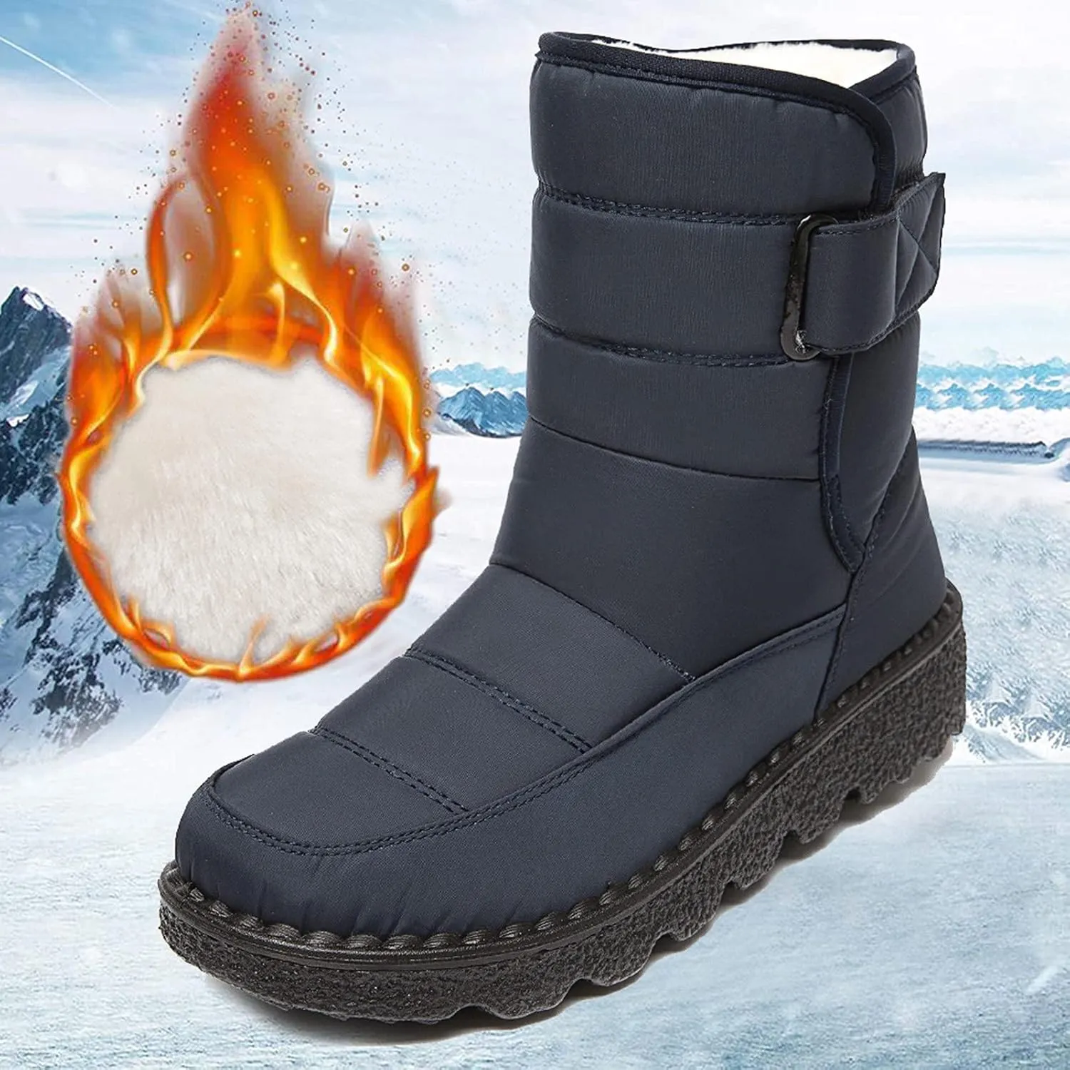 Winter Snow Boots for Women Water-proof Thermal Fleece Lined Anti Slip Mid Calf Boots for Ladies Platform Wedge Booties Warm Fuzzy Ankle Booties Outdoor Work Short Boots with Buckle