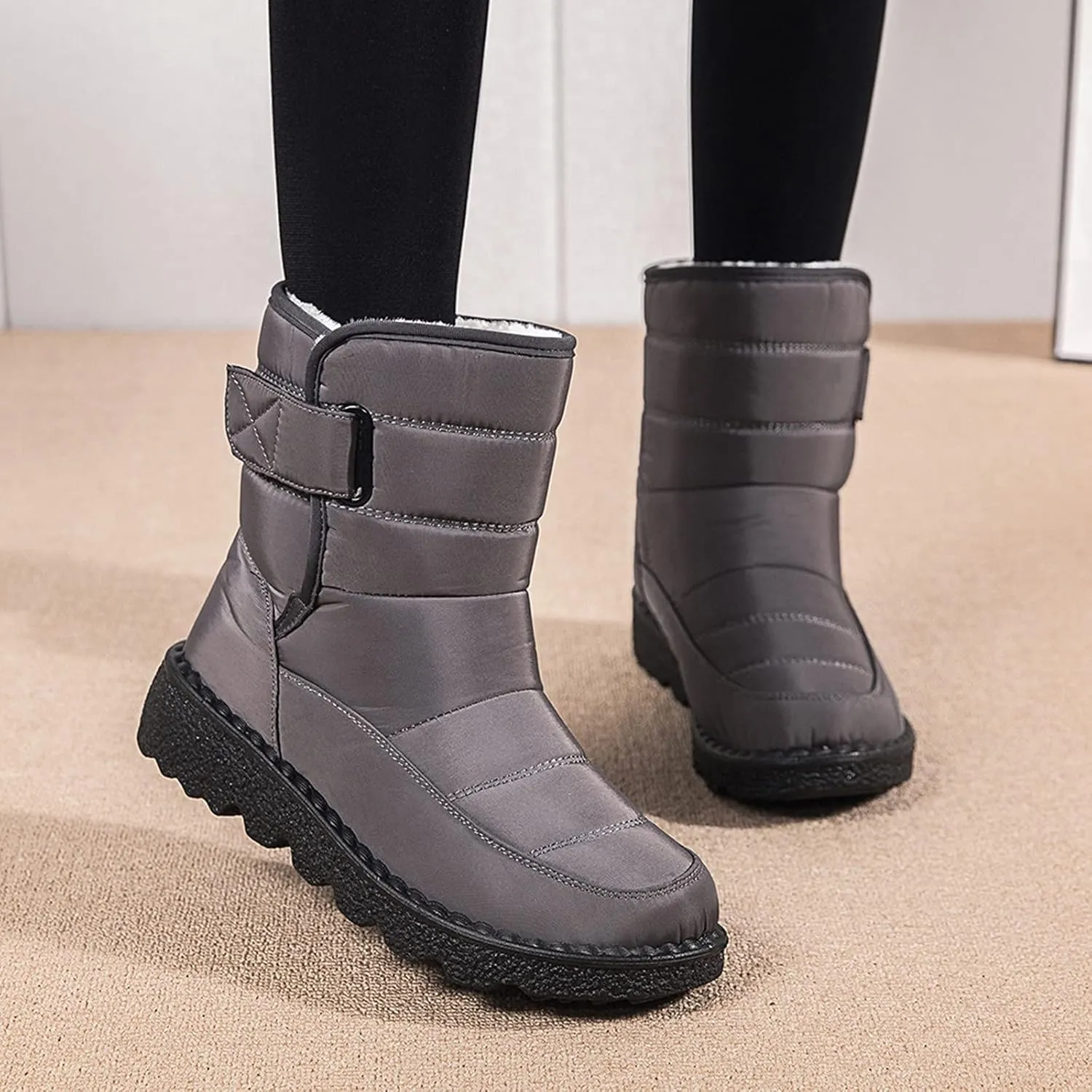 Winter Snow Boots for Women Water-proof Thermal Fleece Lined Anti Slip Mid Calf Boots for Ladies Platform Wedge Booties Warm Fuzzy Ankle Booties Outdoor Work Short Boots with Buckle
