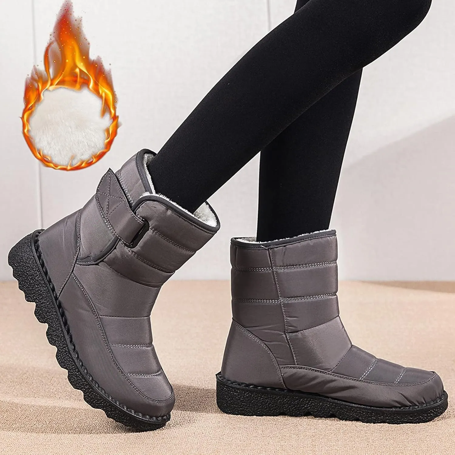 Winter Snow Boots for Women Water-proof Thermal Fleece Lined Anti Slip Mid Calf Boots for Ladies Platform Wedge Booties Warm Fuzzy Ankle Booties Outdoor Work Short Boots with Buckle