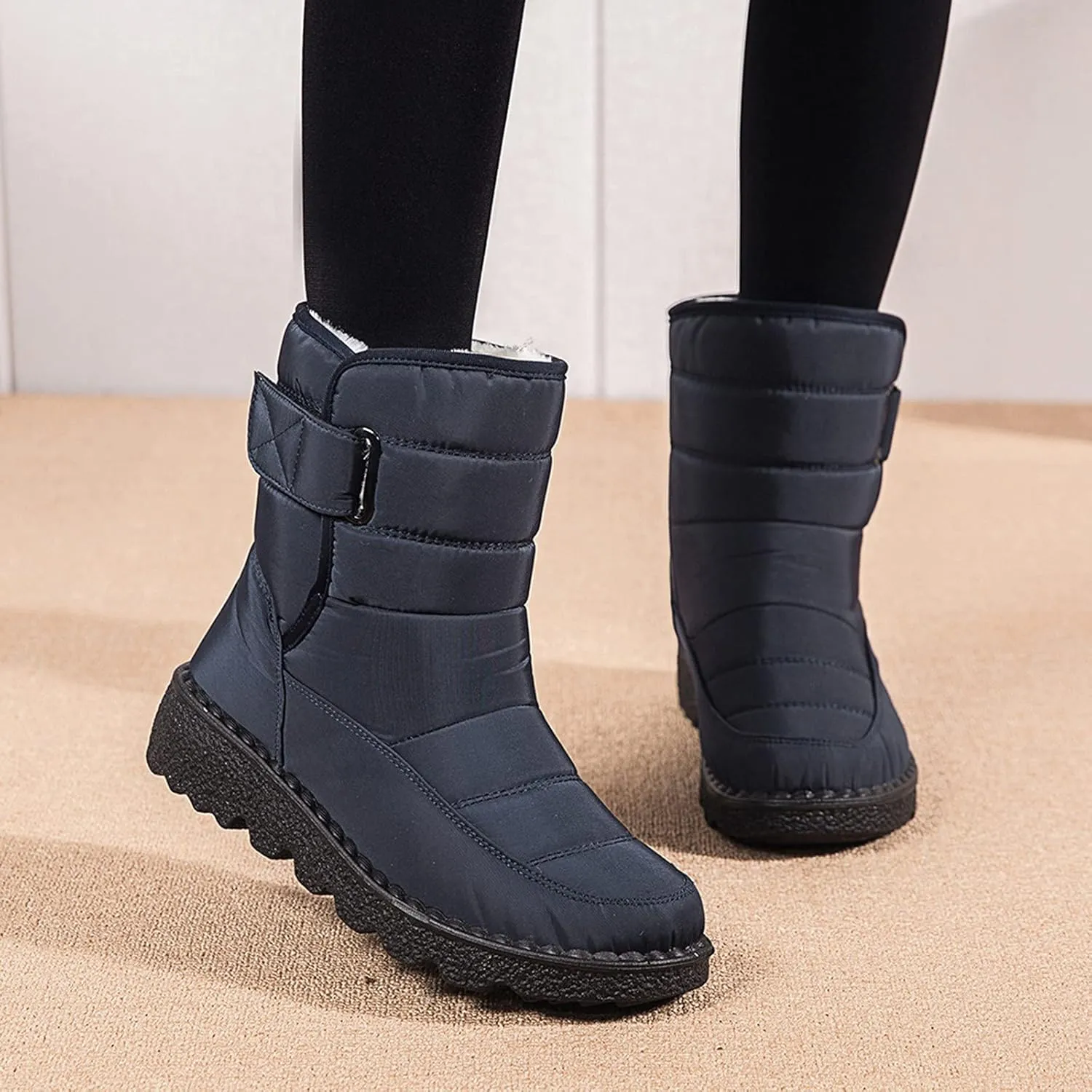 Winter Snow Boots for Women Water-proof Thermal Fleece Lined Anti Slip Mid Calf Boots for Ladies Platform Wedge Booties Warm Fuzzy Ankle Booties Outdoor Work Short Boots with Buckle