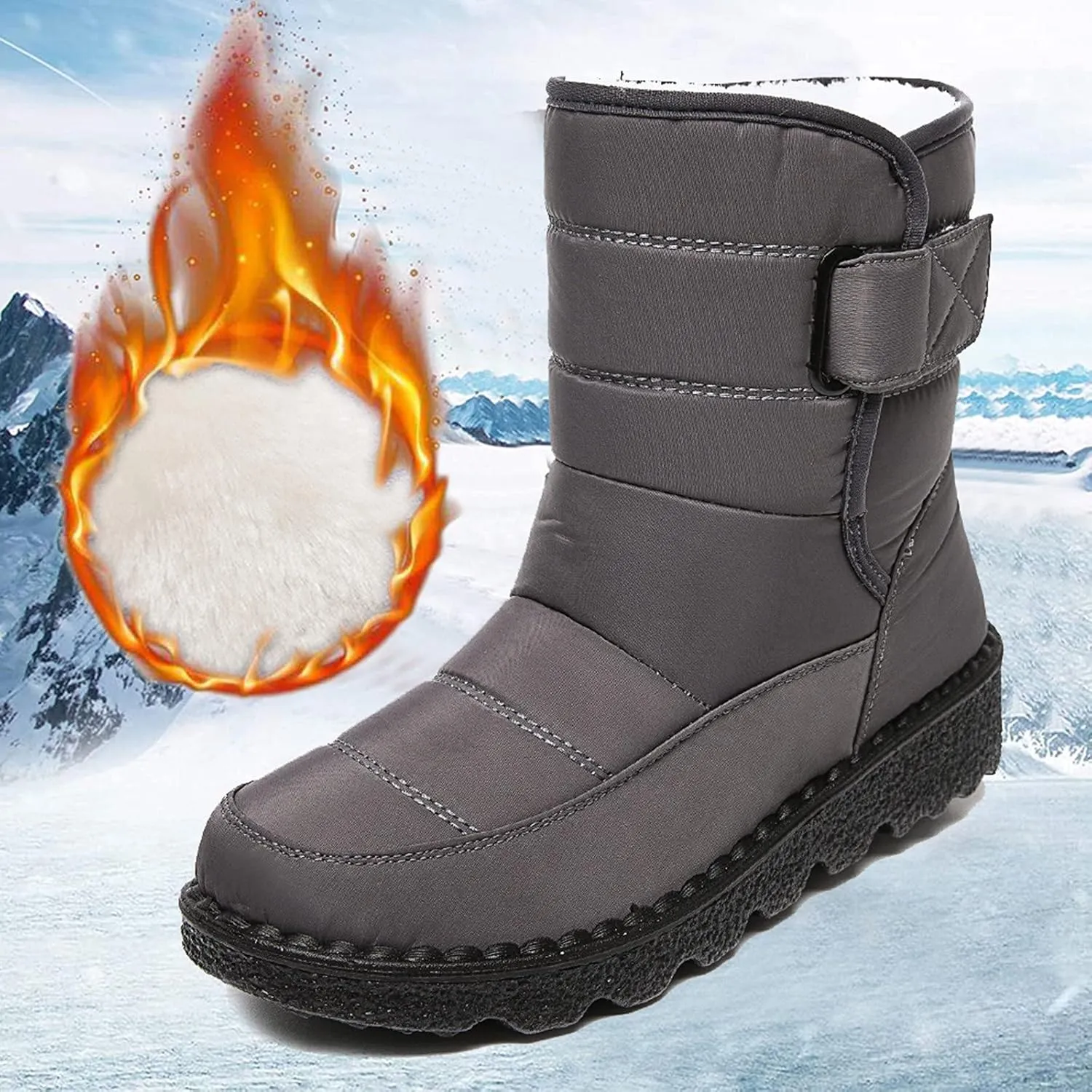 Winter Snow Boots for Women Water-proof Thermal Fleece Lined Anti Slip Mid Calf Boots for Ladies Platform Wedge Booties Warm Fuzzy Ankle Booties Outdoor Work Short Boots with Buckle