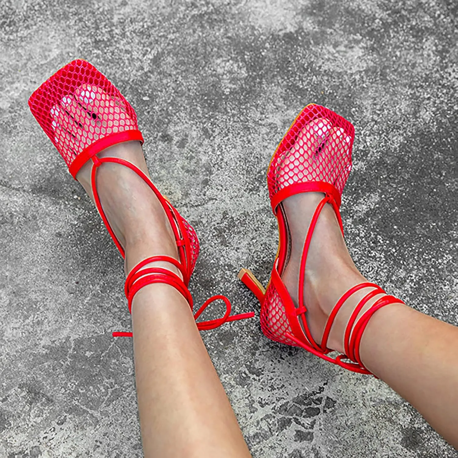 Women Graceful Open Toe Mesh Sandals High Heels Stilettos Strappy Slip On Crisscross Straps Shoes Summer Pumps