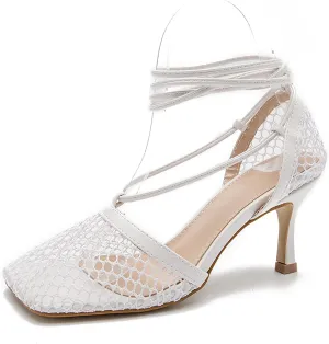 Women Graceful Open Toe Mesh Sandals High Heels Stilettos Strappy Slip On Crisscross Straps Shoes Summer Pumps