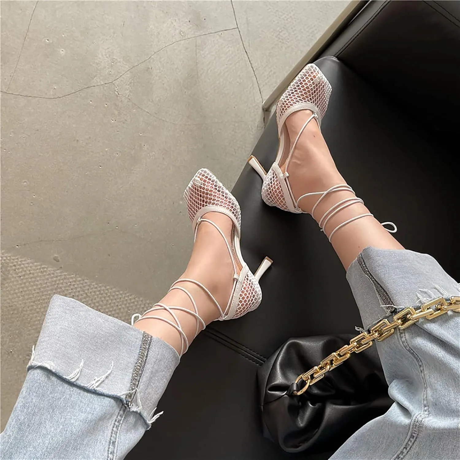 Women Graceful Open Toe Mesh Sandals High Heels Stilettos Strappy Slip On Crisscross Straps Shoes Summer Pumps