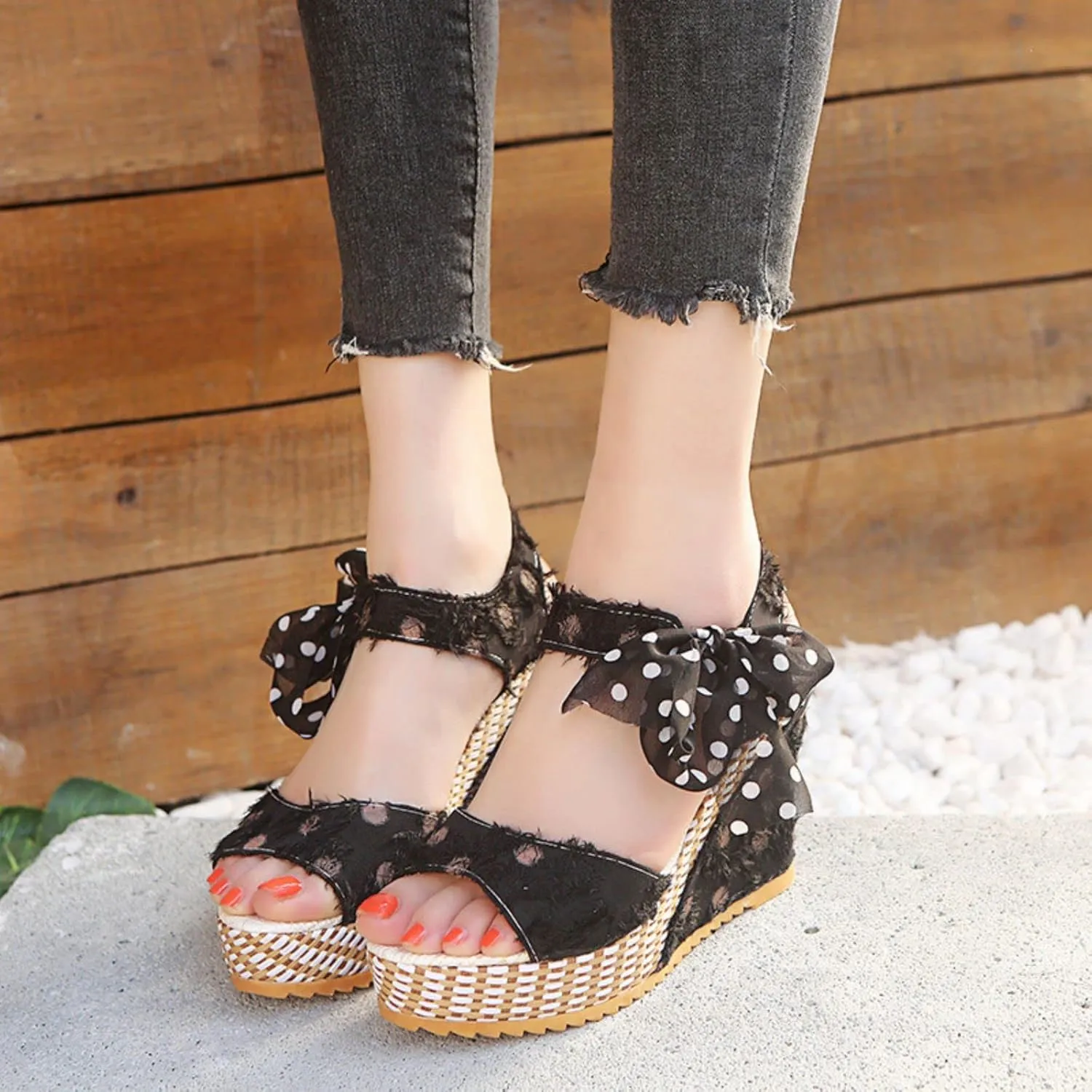 Women Platform Wedge Sandals Cute Slip On Wedge Espadrille Ankle Lace Up Open-Toe Wedges Heel Ladies Elegant Flora Summer Casual Walking Shoes Outdoors