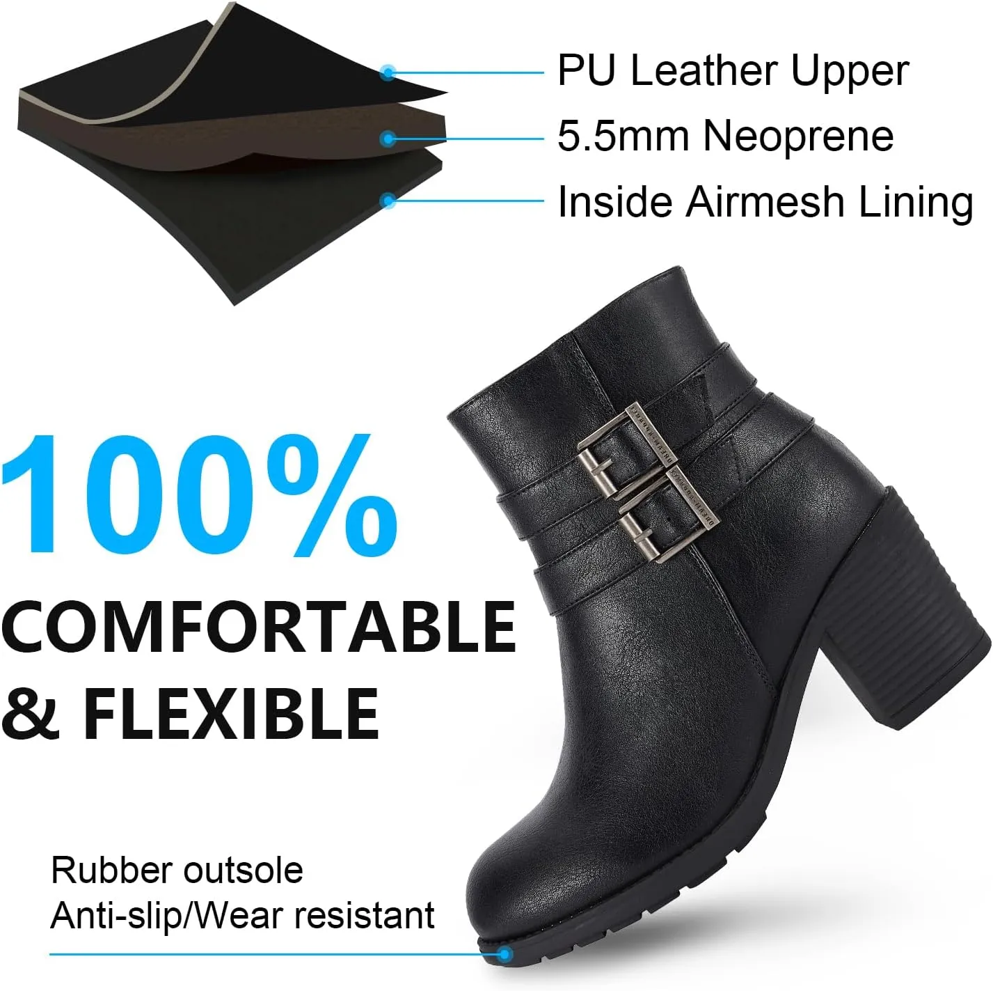Women's Ankle Boots with Side Zipper Faux Leather Biker Riding Boots for Women Motorcycle Combat Boots with Heel
