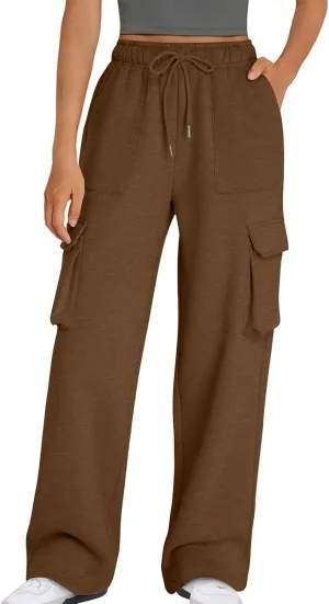 Womens Cargo Sweatpants Long Length Winter Pants for Women Baggy Casual High Waisted Wide Leg Pants with Pockets