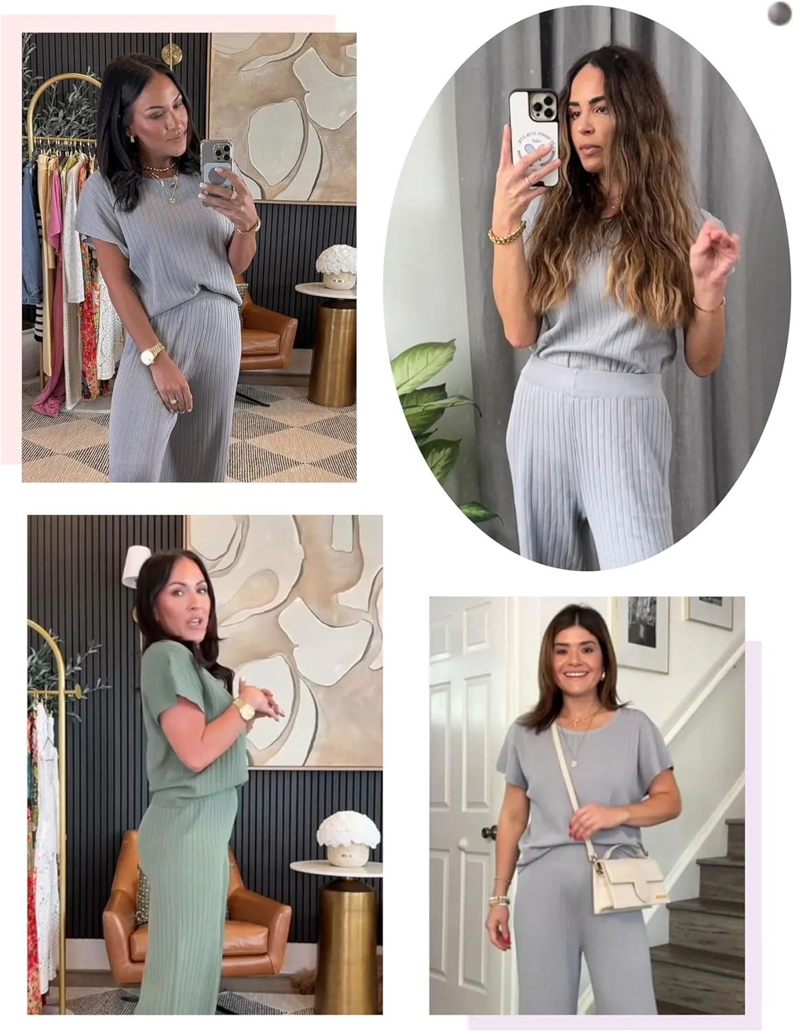 Women's Casual Two Piece Set Crewneck Short Sleeve Ribbed Knit Tops Wide Leg Lounge Outfits