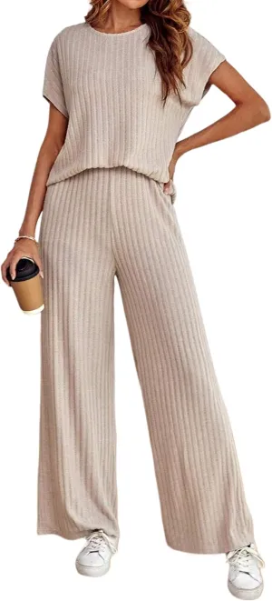 Women's Casual Two Piece Set Crewneck Short Sleeve Ribbed Knit Tops Wide Leg Lounge Outfits