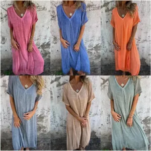 Womens Cotton Linen Short Sleeve Solid Plus Size Maxi Dress V-Neck Pullover Summer Beach Casual Long Dress