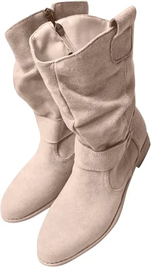 Womens Cowboy Boots Western Suede Side Zip Classic Low Heel Pointed Toe Cowgirl Comfy Ankle Boots Mid-Calf Booties