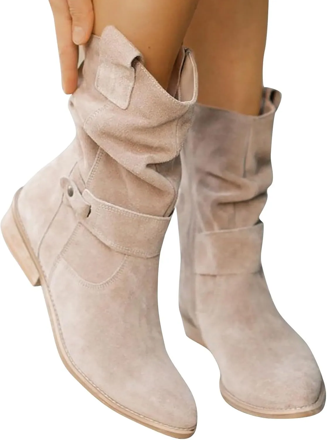Womens Cowboy Boots Western Suede Side Zip Classic Low Heel Pointed Toe Cowgirl Comfy Ankle Boots Mid-Calf Booties