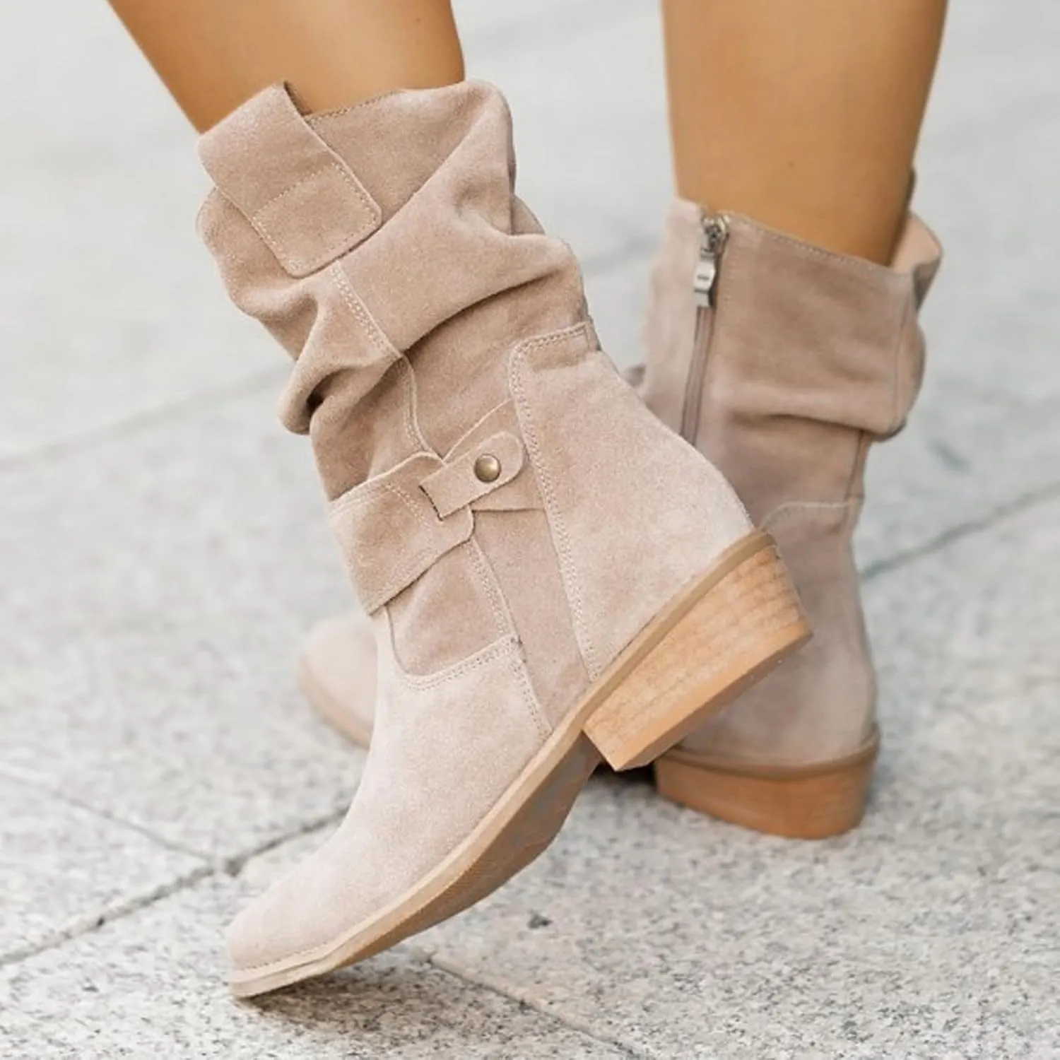 Womens Cowboy Boots Western Suede Side Zip Classic Low Heel Pointed Toe Cowgirl Comfy Ankle Boots Mid-Calf Booties