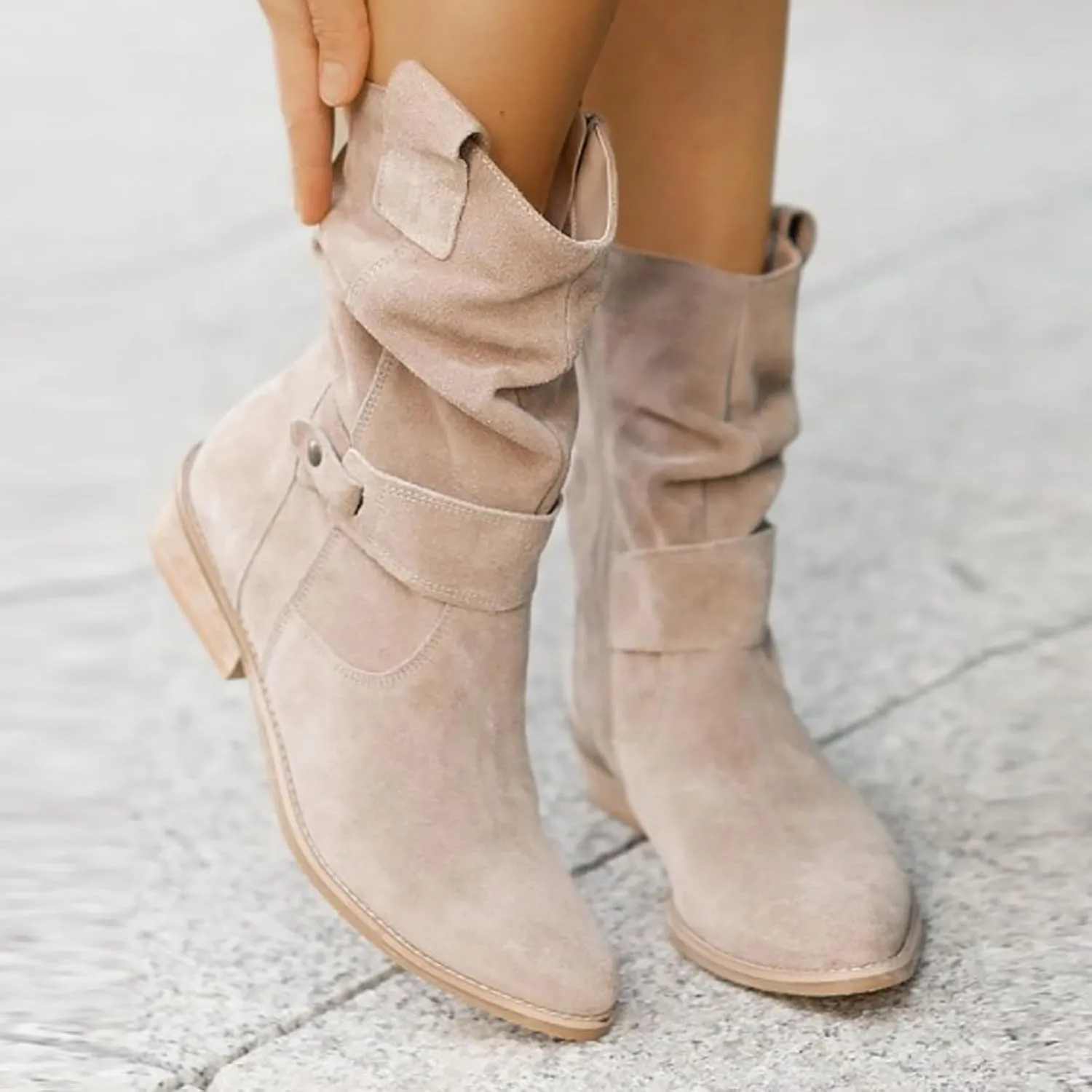 Womens Cowboy Boots Western Suede Side Zip Classic Low Heel Pointed Toe Cowgirl Comfy Ankle Boots Mid-Calf Booties
