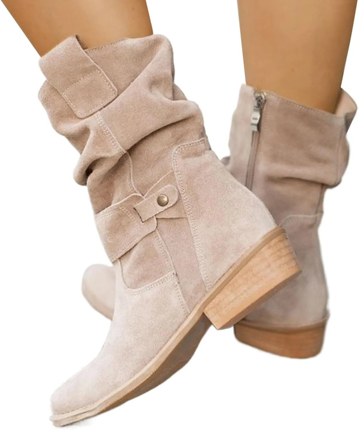 Womens Cowboy Boots Western Suede Side Zip Classic Low Heel Pointed Toe Cowgirl Comfy Ankle Boots Mid-Calf Booties