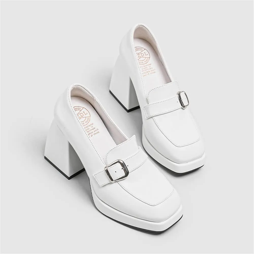 Women's High-Heeled Leather Loafers Slip On Loafer Pumps with Buckle