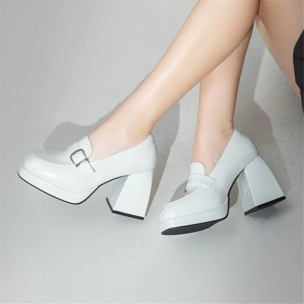 Women's High-Heeled Leather Loafers Slip On Loafer Pumps with Buckle