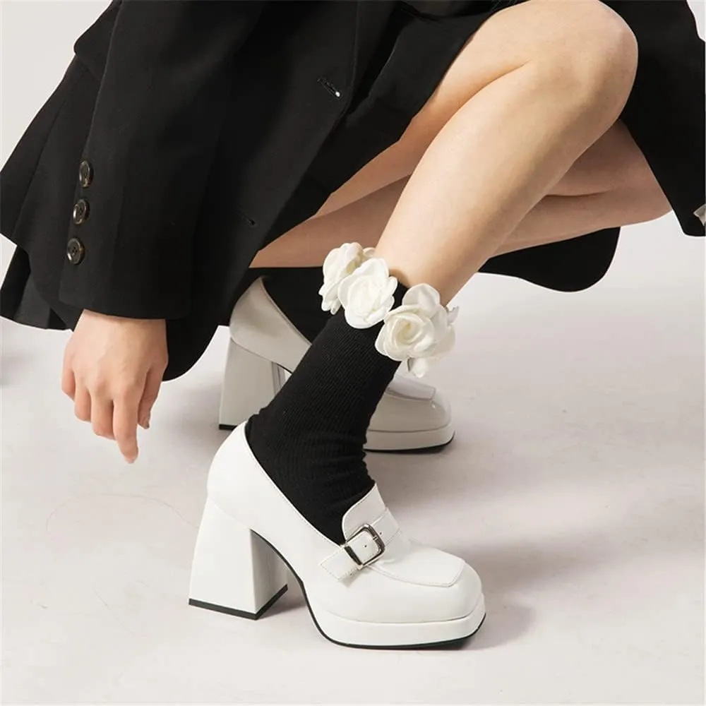 Women's High-Heeled Leather Loafers Slip On Loafer Pumps with Buckle