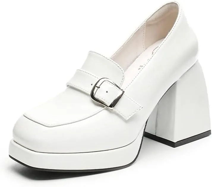 Women's High-Heeled Leather Loafers Slip On Loafer Pumps with Buckle