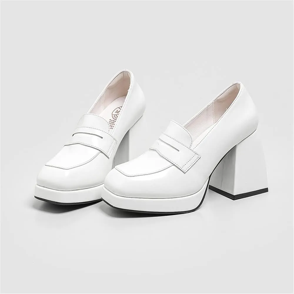 Women's High-Heeled Leather Loafers Slip On Loafer Pumps