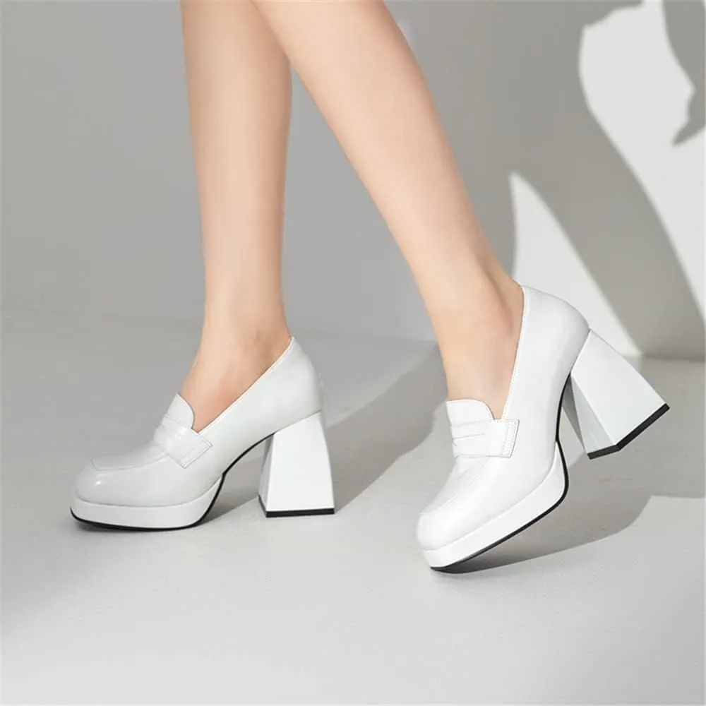 Women's High-Heeled Leather Loafers Slip On Loafer Pumps