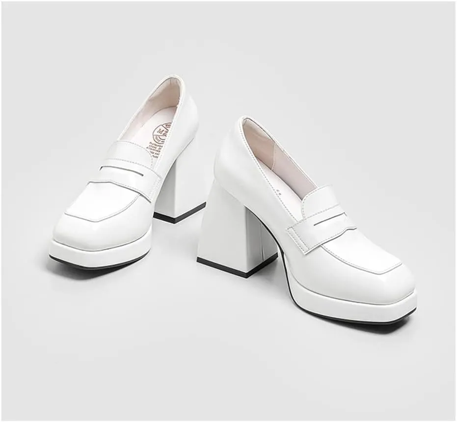 Women's High-Heeled Leather Loafers Slip On Loafer Pumps