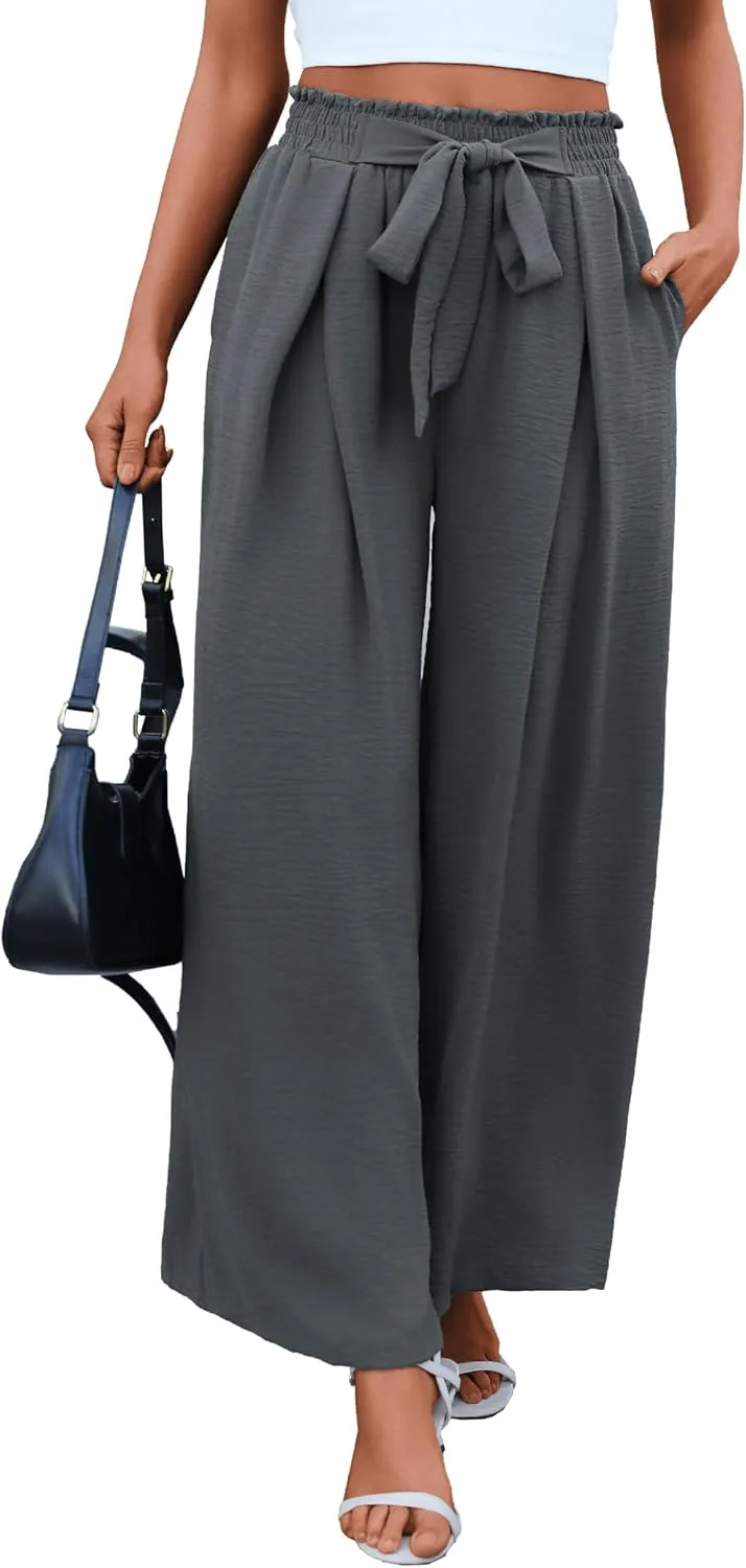 Women's High Waist Wide Leg Long Palazzo Pants Front Knot Tie Elastic Trousers with Pockets Lounge Business Work Pants