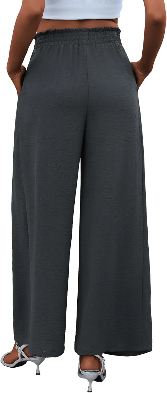 Women's High Waist Wide Leg Long Palazzo Pants Front Knot Tie Elastic Trousers with Pockets Lounge Business Work Pants