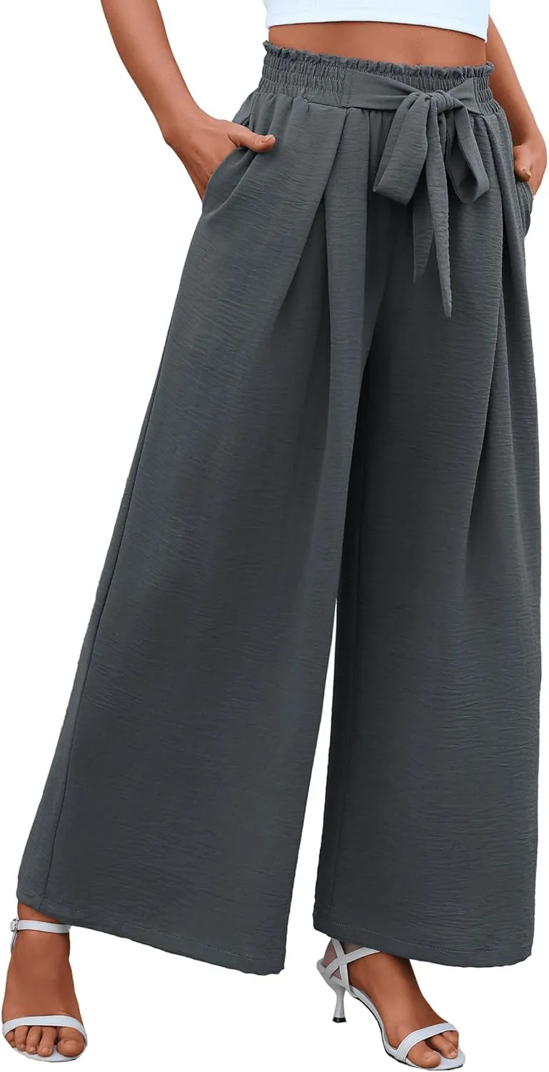 Women's High Waist Wide Leg Long Palazzo Pants Front Knot Tie Elastic Trousers with Pockets Lounge Business Work Pants