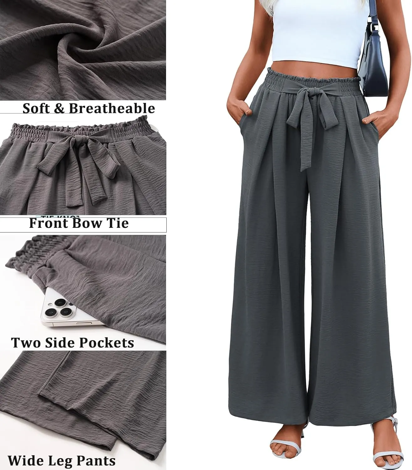Women's High Waist Wide Leg Long Palazzo Pants Front Knot Tie Elastic Trousers with Pockets Lounge Business Work Pants