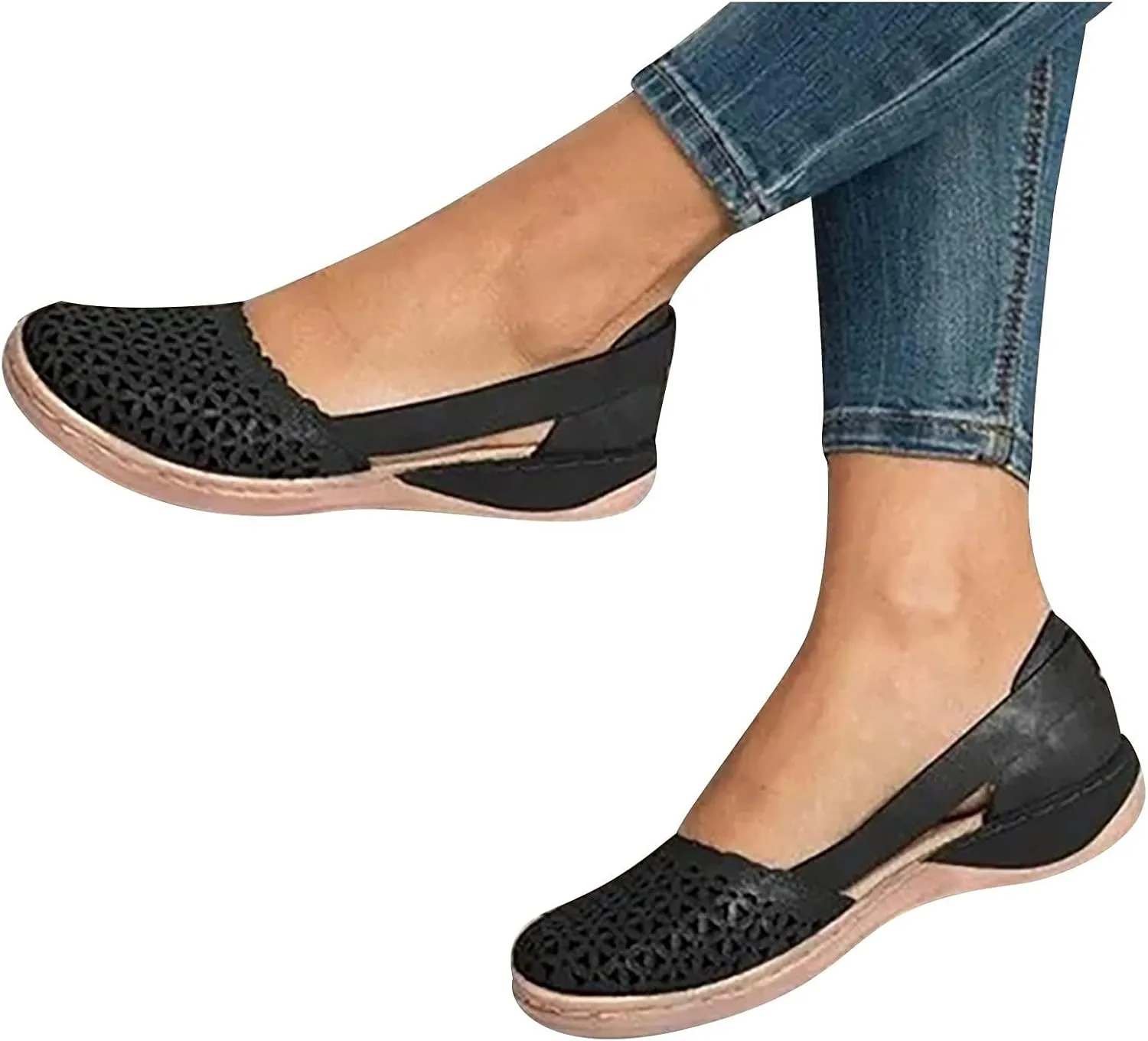 Womens Hollow Ballet Flats Casual Round Toe Low Heels Comfortable Vintage Leather Dress Shoes Walking Shoes Mary Janes