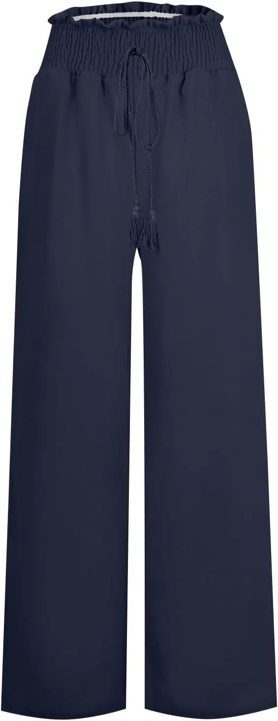 Womens Linen Blend Summer Palazzo Palazzo Pants Elastic Waist Wide Leg Plus Size Pant Trousers Trendy
