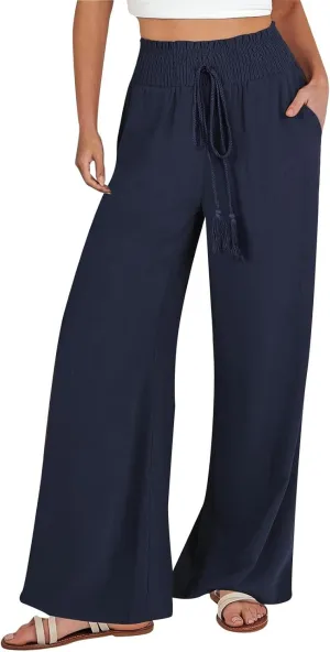 Womens Linen Blend Summer Palazzo Palazzo Pants Elastic Waist Wide Leg Plus Size Pant Trousers Trendy